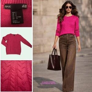 H&M New Cableknit Crewneck Sweater Pink Fuchsia Women Size Small NWT